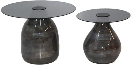 AltoBuy SALIM - Lot de 2 Tables Basse en Verre Fumé Noir Piètement en Manguier Vernis Gloss