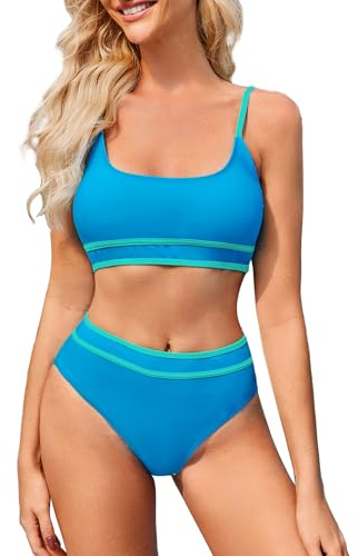 TcIFE Tvådelad baddräkt för kvinnor - sexig hög midja bikiniset med push up, strandkläder för kvinnor, Blå, L