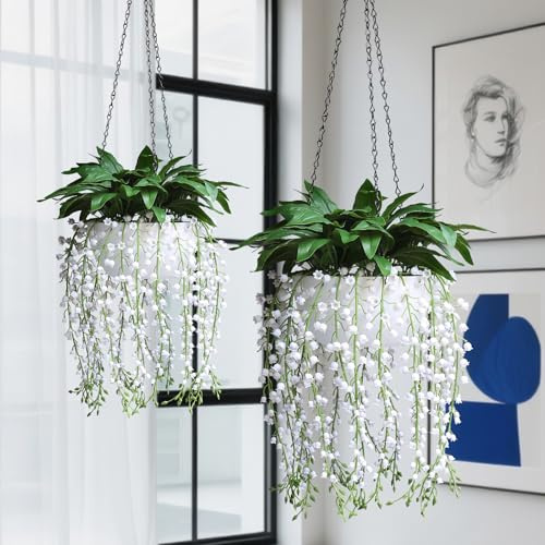alyptus Fake Plants Lily of The Valley, Set of 2 Potted Lily of The Valley Plants – Soft Green Stems with White Blooms, Elegant Fake Hanging Flowers for Home Office Balcony Patio.