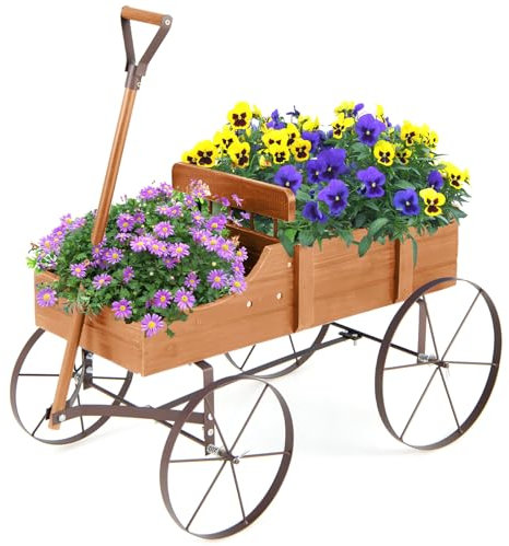 HOMASIS Chariot de fleurs en bois avec 4 roues en métal, poignée et 2 compartiments, support de fleurs en bois, jardinière décorative pour jardin, balcon, terrasse, 62 x 34 x 60 cm (orange)
