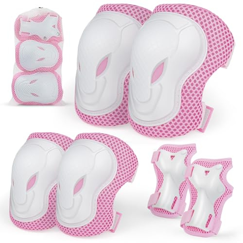Kids Knee And Elbow Pads,6 in 1 Adjustable Kids Sports Protective Gear Set With Mesh Bag for Skateboard, Roller Skating, Biking, And Outdoor Multi-Sports (Pink, M)