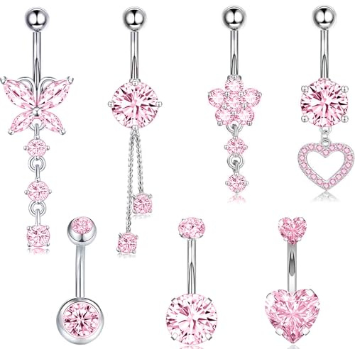 EOAMGO Belly Button Bars, Belly Button Piercing Kit, Surgical Stainless Steel Belly Bars, Long Dangly Belly Button Bars and Short Small Belly Bar, 7 Pcs 16G Floating Navel Piercing Jewelry, Pink