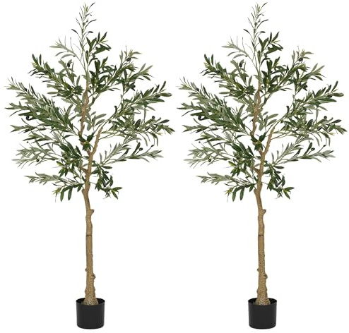 HOMCOM Set of 2 5ft/ 150cm Decorative Artificial Plant, Silk Olive Tree with 720 Leaves and 32 Olive Fruits in Pot, Fake Plant for Home, Office, Living Room, Indoor Decor
