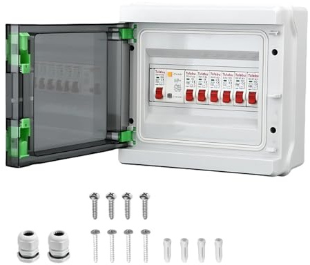 6 Way Consumer Unit Circuit Breaker, 63 Amp Consumer Unit Circuit Breaker, IP65 Anti-Leakage Fuse Box for Outdoor Outbuildings Garage, Shed, Caravans, Workshops, 6A+6A+16A+16A+32A+32A