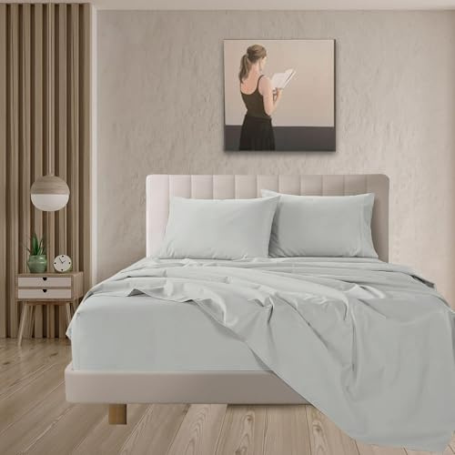 Juego de Sábanas de 4 Piezas de Cama 160 x 200,Poliéster Cepillado y Prelavado,Sábana Bajera Ajustable,Sábana encimera,Dos Funda para Almohada de 50x75cm,Suave y Retención de Calor Gris Claro