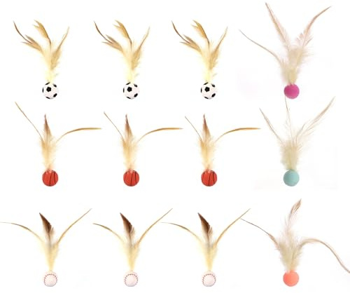 Aevorant Jouet de Balles de Chat de 12 Pièces avec des Plumes, 3cm Ø Jouet Chat Interieur, Jouet Chaton, Balle Chat pour L'interaction de Jeu D'intérieur et D'extérieur de Chats