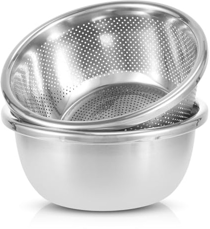 Edelstahl Nudelsieb und Schüssel Set Küchensieb Nudelsieb Metallsieb und Schalen stapelbares Salatschüsseln Set Abtropfen von Nudeln Reis Früchten und Gemüse(26 cm)
