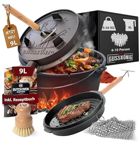 GUSSKÖNIG Dutch Oven Set–Eingebrannter Dutch Oven 9L [6–10 Person]–Feuertopf Gusseisen mit Füßen–Schmortopf Doppelfunktion–inkl. 2in1 Deckelheber,Ringreiniger,Bürste & Rezeptbuch-30 Jahre Garantie