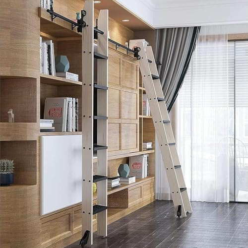 Kit échelle noire pour bibliothèque - 300 cm - Rail coulissant avec poulie - Rail mobile pour loft, étude, salon - Économie d'espace - Décoration d'intérieur et solution d'accès facile