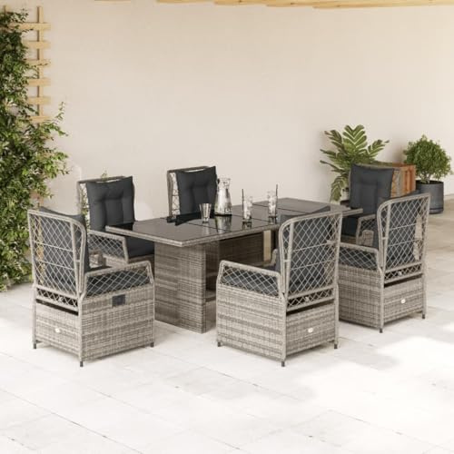 RMIHSJG 7-TLG. Gruppo da giardino con cuscino grigio polyrattan, mobili da giardino in rattan sintetico PE con schienale regolabile e rivestimenti rimovibili, set di seduta resistente alle intemperie
