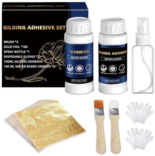 Gilding Adhesive Set, 200 ml Gold Leaf Kit, Water Based Gold Leaf Adhesive and Protective Varnish, Gold Leaf Sheets 100 pcs, 2 Brushes,1 Spray for Craft, Painting and Arts
