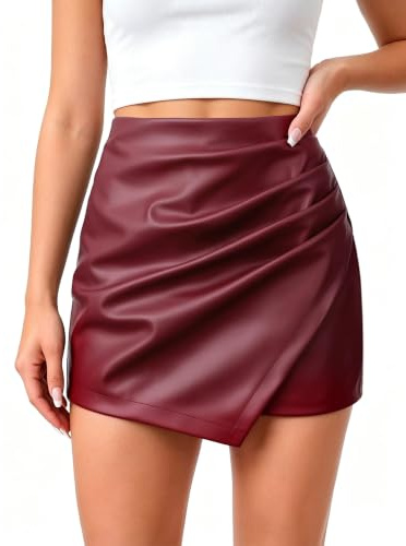 LEACOOLKEY Women Faux Leather Skirt High Waisted Pencil Skorts Stretchy Short Skirt with Asymmetrical Hem Black Skort for Dressy Casual