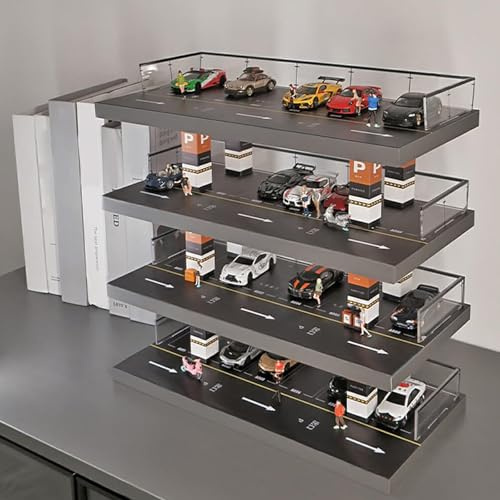 1/64 Scale Diecast Model Car Display Case, Parking Garage Diorama with 4 | Levels and 24 Parking Spots, Acrylic and Wood Display Shelf for Hot Wheels and Toy Cars, Black