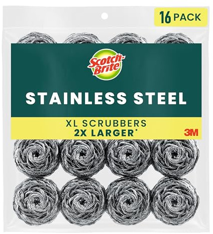 Scotch-Brite Stainless Steel Scrubbers, Scouring Pads for Cleaning Tough Baked-On Messes, Metal Scrubbers for Cleaning Dishes, 16 Scrub Pads
