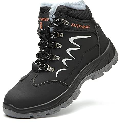 Blueskyli Scarpe antinfortunistiche da uomo e donna, S3, leggere, impermeabili, di sicurezza, invernali, con calda imbottitura, con punta in acciaio, Nero , 41 EU