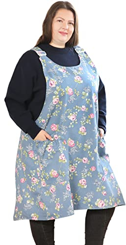 Big Plus Size Aprons for Women with Pockets Cotton Linen Baking Kitchen Cooking Rose Flower
