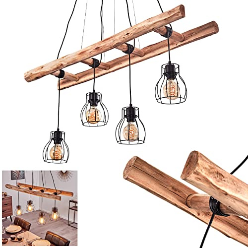 HOFSTEIN Pendelleuchte Gondo, längliche Hängelampe aus Metall/Holz und Schwarz/Holz, 4-flammige Deckenlampe mit Schirmen in Gitter-Optik und Holzleiter, individuell verstellbar, Höhe max. 193 cm, E27