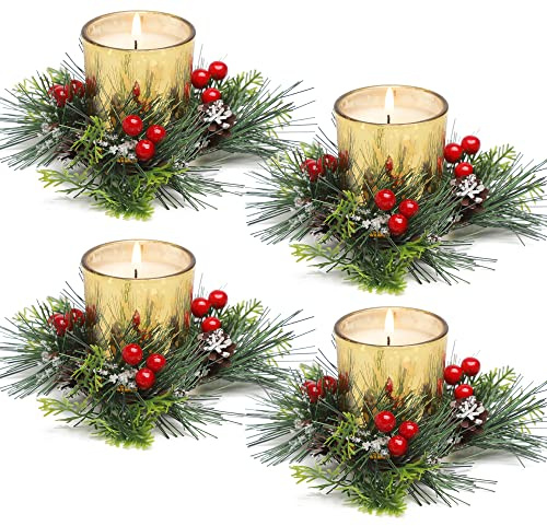 Christmas Candle Ring, Votive Candles with Red Berry and Pinecone Xmas Candle Ring Wreath with Candle Holders Christmas Table Centrepiece Decoration Set of 4 Gold