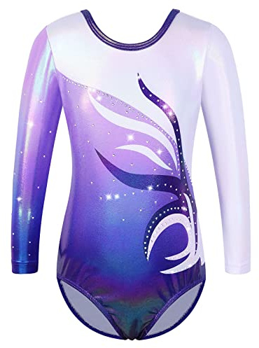ZNYUNE B272 - Justaucorps de gymnastique pour fille - Manches longues, sans manches - Coloré, scintillant - Justaucorps de danse sportive pour enfants de 3 à 12 ans - Blanc violet - 10A, Manches