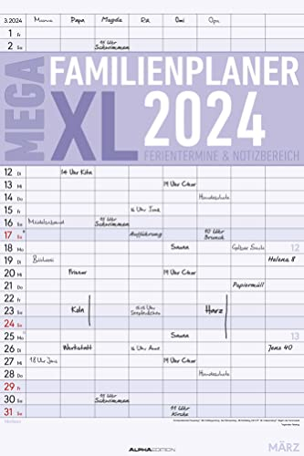 Der MEGA-Familienplaner XL 2024 mit 8 Spalten - Familien-Timer 33x49,5 cm - Offset-Papier - mit Ferienterminen - Wand-Planer - Alpha Edition