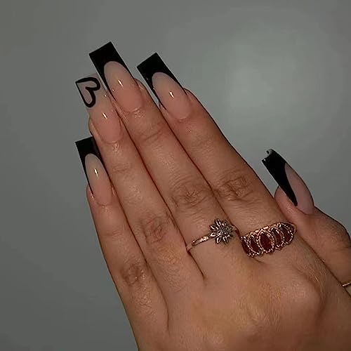 24 Stück Press on Nails Lang, Glossy French Schwarz Liebe Künstliche Nägel Sarg Kunstnägel Nägel Zum Aufkleben mit Nagelkleber Aufkleber, Acryl Drücken Sie auf Nagelspitzen für Frauen und Mädchen