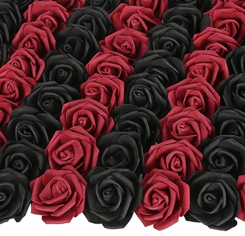 INSUNSIX 100pcs Burgundy Artificial Rose Flower Heads, 3inch Black Foam Roses Bulk Stemless Fake Flower Heads for DIY Crafts,Cake Decoration Wedding,Baby Shower Flower Centerpieces(Black,Burgundy)