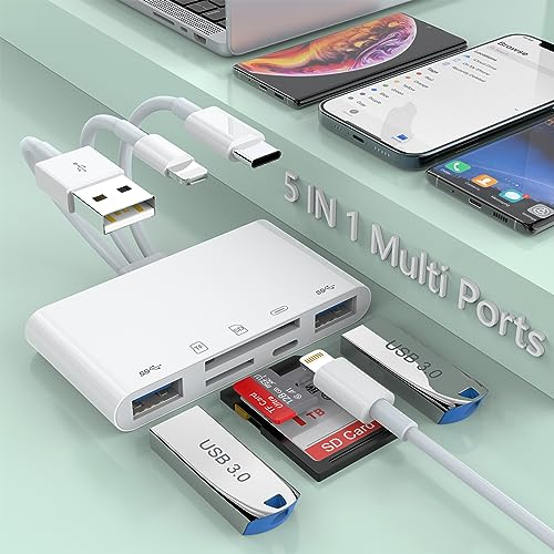 Lecteur de Carte SD TF 5 en 1 pour iPhone/iPad/Android/Mac Book/Ordinateur/Tablette/Appareil Photo, USB OTG USB C et USB A avec Slots pour Cartes Micro SD & SD, supporte SD/Micro SD/SDHC/SDXC/MMC