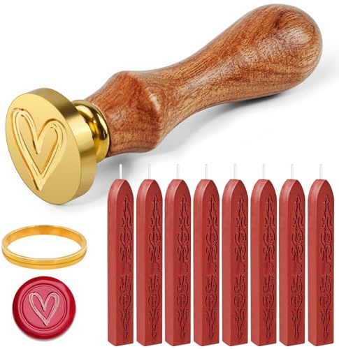 Furuising 8Pcs Red Sealing Wax Sticks, Wax Seal Stick with Wicks, Wax Seal Stamp Kit with Heart Stamp, Metal Molds for Wedding, Envelopes, Gift Packages