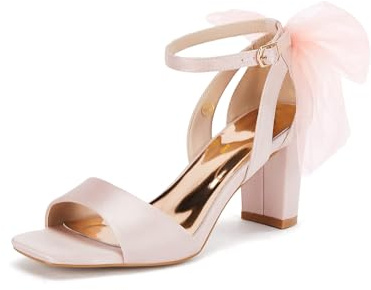 Coutgo Women's Bow Tie Heeled Sandals Chunky Heels One Strap Satin Ankle Buckle Dress Wedding Shoes, Pink, Size 7