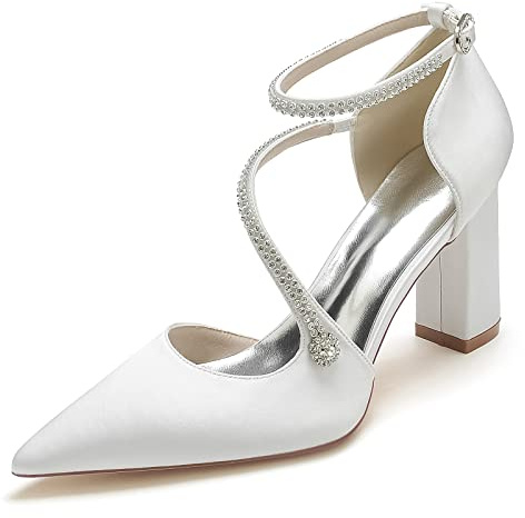 Donna a Punta Tacco Largo Scarpe da Sposa Cinturino alla Caviglia in Raso Strass Décolleté per Feste,Bianca,38 EU