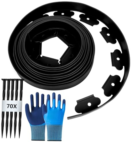Flexible Rasenkante aus Kunststoff Länge 15m Höhe 5cm, mit 70 Erdanker + 1 Paar Handschuhe, Schwarz