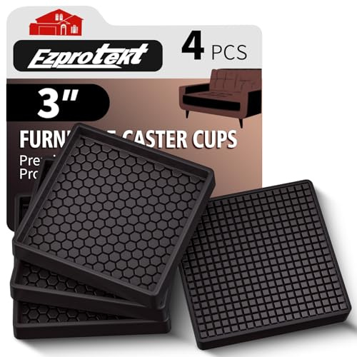Furniture Coasters - 3x3 Non Slip Pads for Hardwood Floors, 4 PCS Square Rubber Non Skid Caster Cups, Anti Slide Furniture Feet Floor Protectors for Bed, Couch Stoppers (Brown)