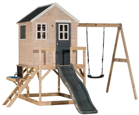 Wendi Toys M24-K Stelzenhaus mit Rutsche, Spielküche, Spielhaus Holz-FSC Kinder Garten Outdoor 330×350×242 cm, mit Schaukel, Wasserhahn, Sandbecken, wetterfest