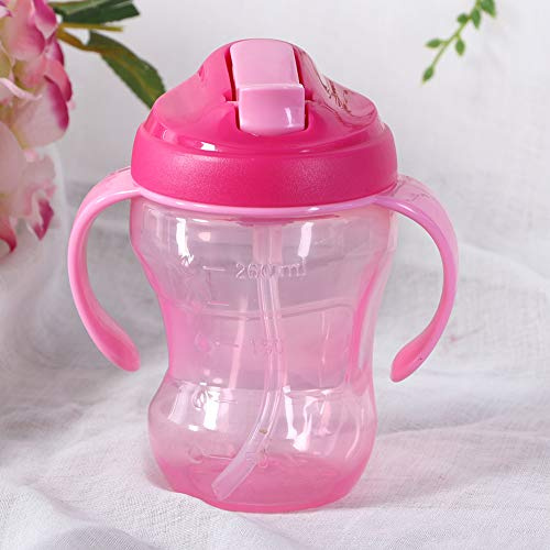VGEBY Toddler Cup, 260ml Double Handle Infant Kid Non Slip Leakproof Water Drinking Learning Cup with Soft Straw Handle Cups Solid Feeding (Pink 260ml