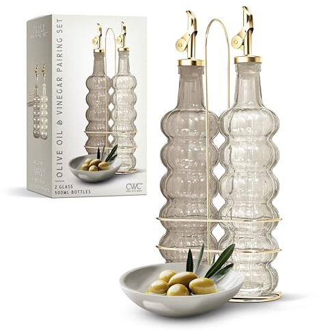 COOK WITH COLOR Glass Olive Oil Bottle Dispenser - 2 Pack- 17oz Oil and Vinegar Cruet - Olive Oil Carafe Decanter for Kitchen, Elegant Waves, Brown