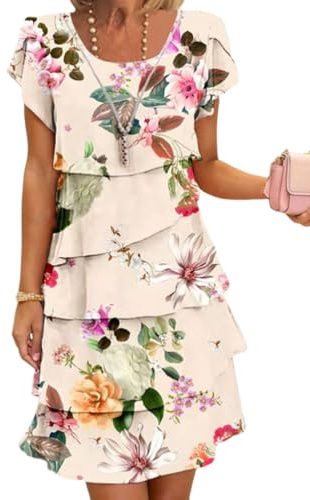 Onsoyours Femmes Été Robe en Mousseline Col Rond Élégante Robes De Soirée Fleurs Impression À Manches Courtes Volants Léger Et Respirant Mini Dress Décontracté Cocktail A03 Abricot L