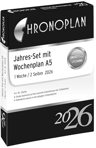 Chronoplan 50296 - Inserto per calendario 2026 (set annuale A5 (148 x 210 mm), calendario di ricambio per agenda settimanale, per programmazione dettagliata, 1 settimana su 2 pagine, con foro