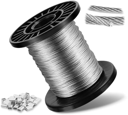 30M Cuerda de alambre, 3mm cable de acero inoxidable 304 con Revestimiento PVC Transparente, núcleo 7x7 hilos, resistencia 517 kg, incluye 30 abrazaderas de aluminio, ideal para plantas trepadoras