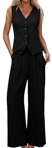 Ensemble 2 pièces Gilet et Pantalon pour Femme avec col en V, sans Manches, Pantalon à Jambe Large, Blazer d'été Assorti en Coton et Lin Édition Supérieure