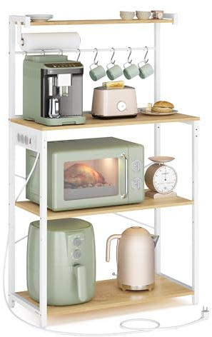 VASAGLE Estantería de Cocina con Enchufe Múltiple, Barra de Café de 4 Niveles con Estante Ajustable, 8 Ganchos S, Soporte de Microondas, 40 x 45 x 140 cm, Roble Dorado y Blanco Nube KKS013YA05