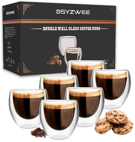 DSYZWEE Double Wall Borosilicate Glass Espresso Cups, Espresso Cup Set (6 x 80ml), Latte Glass Caffee Cups, Handcrafted Artisan - Strong, Borosilicate Heat Resistant