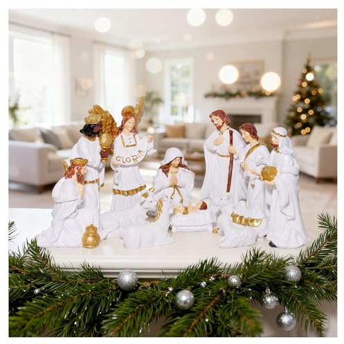 Dexshady Nativity Set for Christmas 12 pcs White Manger Scene Holy Family Resin Figures Indoor Decorations Catholic 6 Inch