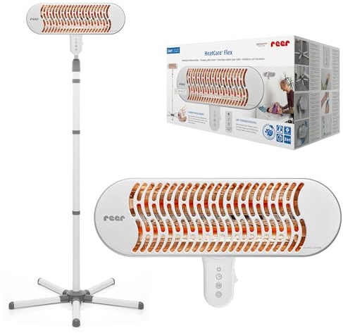 reer HeatCare+ Flex Wickeltisch-Wärmestrahler | EcoHeat Carbon Heizelement | Infrarot-Heizstrahler mit Standfuß & neigbarem Kopf | Wärmespender für Babys | Energiesparend | 2in1 Wand- oder Standgerät