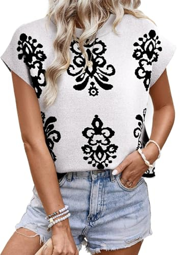 Dokotoo Sweater Vest Women Casual Crewneck Boho Printed Cap Short Sleeve Sweaters for Women 2026 Summer Lightweight Knit Pullover Tops Womens Spring Trendy Sleeveless Shirts White Medium