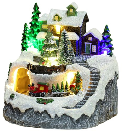 AZIDWERYQ Case del villaggio di Natale Case natalizie con neve musicale illuminate a LED con treno e alberi per decorazioni da tavolo per mensole da tavolo per le vacanze di Natale invernali