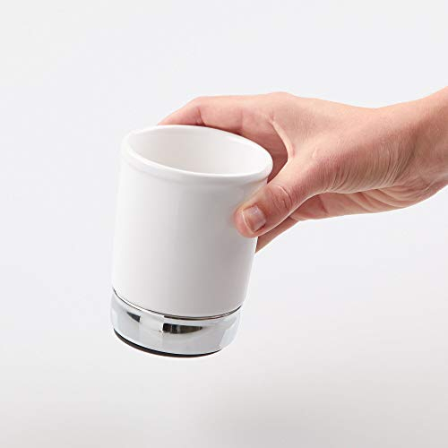 iDesign rangement salle de bain, petit porte brosse à dents en céramique et métal, gobelet salle de bain pour brosses à dents, pinceaux ou maquillage, blanc/argenté
