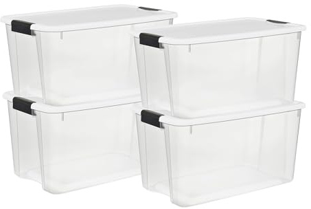 Sterilite 4 Pack Ultra Latching Box, Storage Bins with Lids, Clear Plastic, 70 Quart - Heavy-Duty Organizing Containers for Closet, Bathroom, and Office