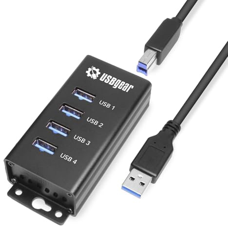 USBGear 4 Port USB Hub 3.2 Gen 1 – Mountable SuperSpeed Data Hub with USB Ports for Laptop, PC, Desktop, and More, 5V/2A Power Adapter with Type-A to Type-B Cable (3ft), Computer Accessories