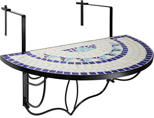 tectake® Tavolo da Balcone 75x65x62 cm, Tavolo da Esterno in Mosaico di Pietra, Ganci di metallo per appenderlo, Design Semicircolare, per Terrazzo e Balcone, Arredo Giardino e Casa - Bianco/Blu