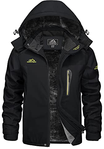 KEFITEVD Men's Winter Waterproof Ski Jacket Warm Hiking Coat Fleece Softshell Snowboarding Jackets with Detachable Hood,Black,XL